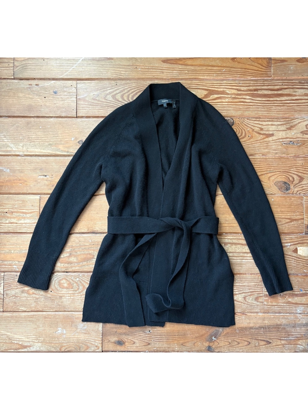 Theory Malinka 100% Cashmere Belted Open Front Cardigan Black Size S